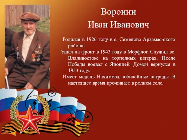 Воронин Иван Иванович Родился в 1926 году в с. Семеново