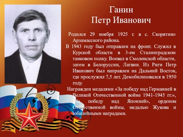 Ганин Петр Иванович Родился 29 ноября 1925 г. в с.