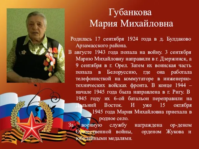 Губанкова Мария Михайловна Родилась 17 сентября 1924 года в д.