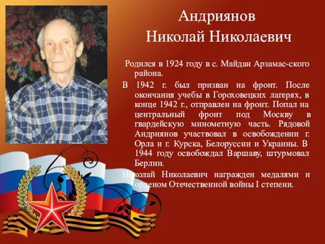 Андриянов Николай Николаевич Родился в 1924 году в с. Майдан