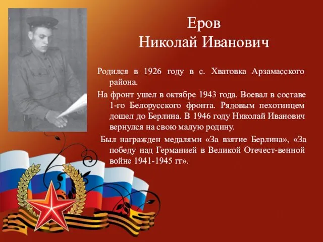 Еров Николай Иванович Родился в 1926 году в с. Хватовка