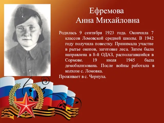 Ефремова Анна Михайловна Родилась 9 сентября 1923 года. Окончила 7