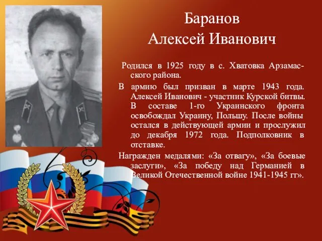 Баранов Алексей Иванович Родился в 1925 году в с. Хватовка