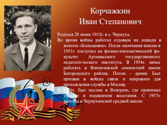 Корчажкин Иван Степанович Родился 28 июня 1932г. в с. Чернуха.