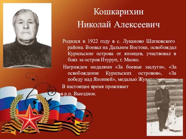 Кошкарихин Николай Алексеевич Родился в 1922 году в с. Луканово