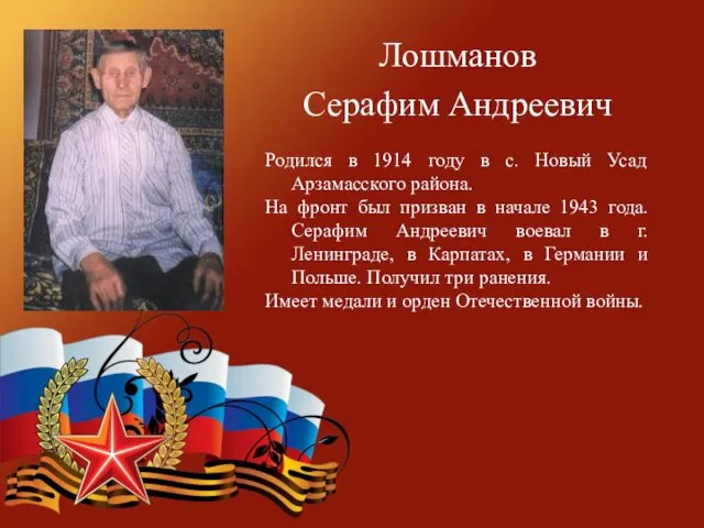 Лошманов Серафим Андреевич Родился в 1914 году в с. Новый