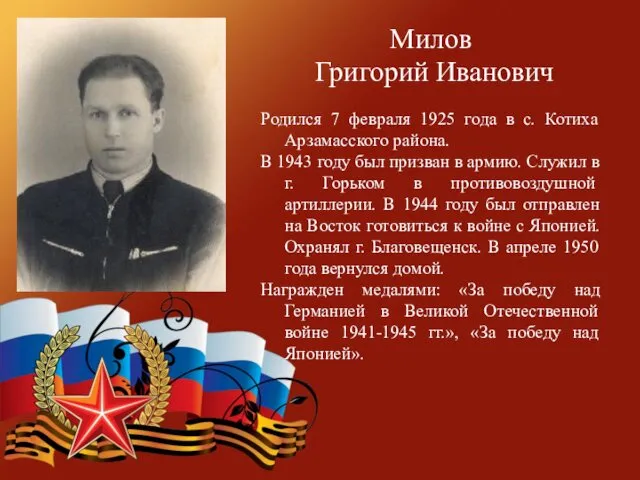 Милов Григорий Иванович Родился 7 февраля 1925 года в с.