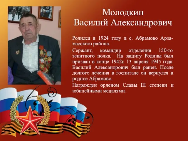 Молодкин Василий Александрович Родился в 1924 году в с. Абрамово