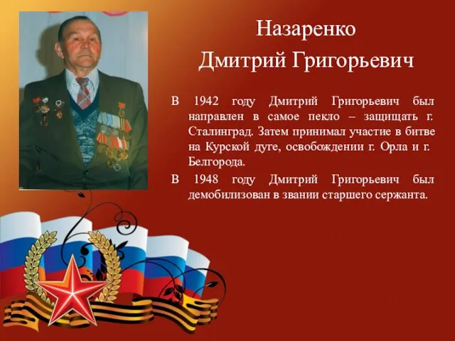 Назаренко Дмитрий Григорьевич В 1942 году Дмитрий Григорьевич был направлен