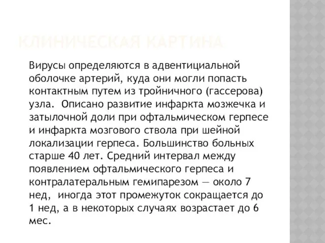 КЛИНИЧЕСКАЯ КАРТИНА Вирусы определяются в адвентициальной оболочке артерий, куда они