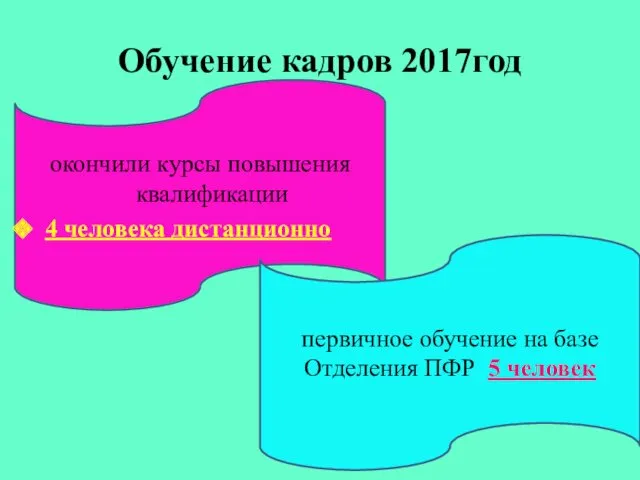 Обучение кадров 2017год окончили курсы повышения квалификации 4 человека дистанционно