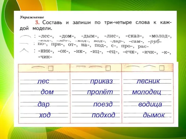 лес лес дом дар ход приказ пролёт поезд подход лесник молодец водица дымок