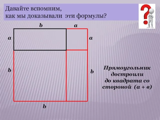 Давайте вспомним, как мы доказывали эти формулы? Прямоугольник достроили до квадрата со стороной (а + в)