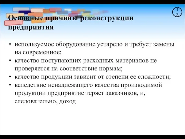 13 Основные причины реконструкции предприятия используемое оборудование устарело и требует