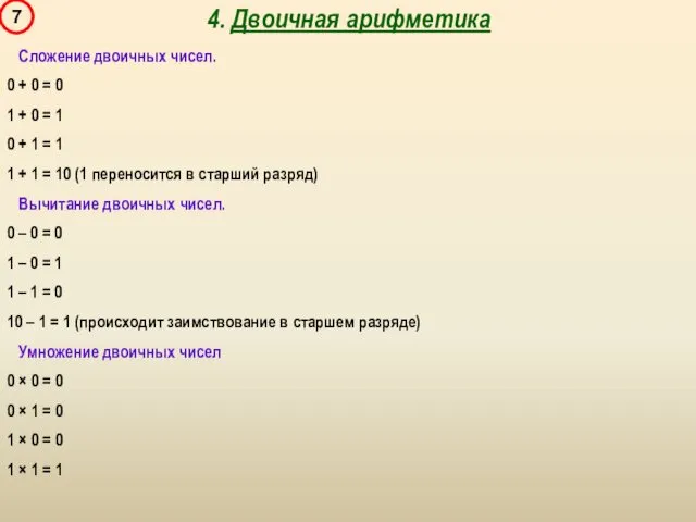 Сложение двоичных чисел. 0 + 0 = 0 1 +