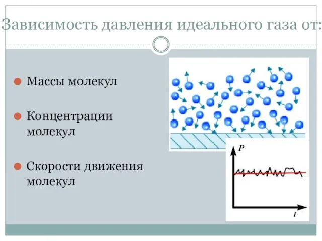 Зависимость давления идеального газа от: Массы молекул Концентрации молекул Скорости движения молекул