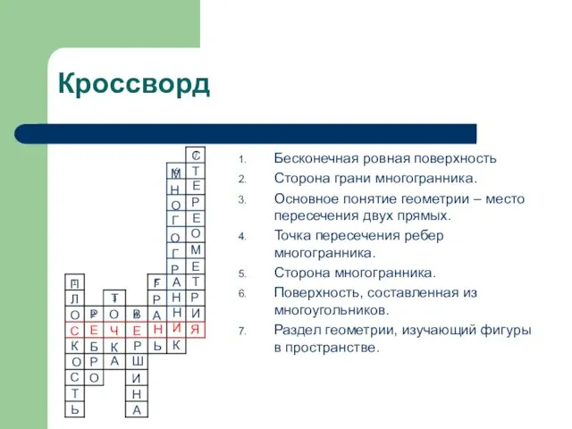 Кроссворд Бесконечная ровная поверхность Сторона грани многогранника. Основное понятие геометрии