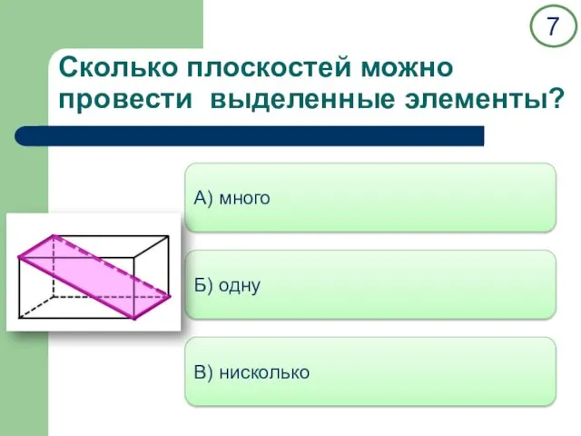 Сколько плоскостей можно провести выделенные элементы? А) много Б) одну В) нисколько 7