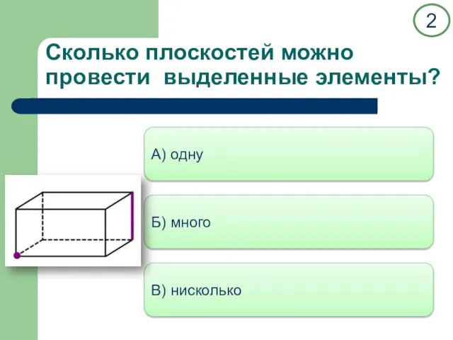 Сколько плоскостей можно провести выделенные элементы? А) одну Б) много В) нисколько 2