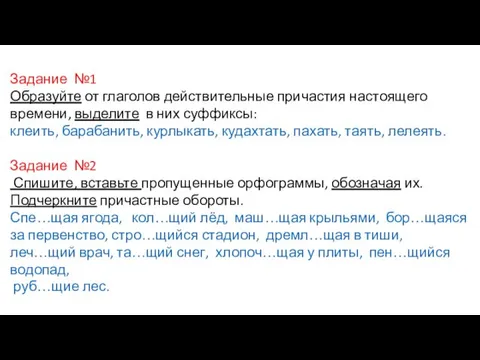 Задание №1 Образуйте от глаголов действительные причастия настоящего времени, выделите в них суффиксы: