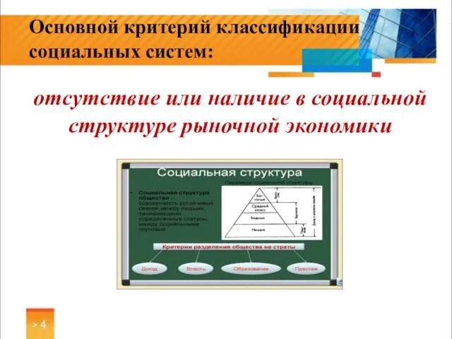 > Основной критерий классификации социальных систем: отсутствие или наличие в социальной структуре рыночной экономики