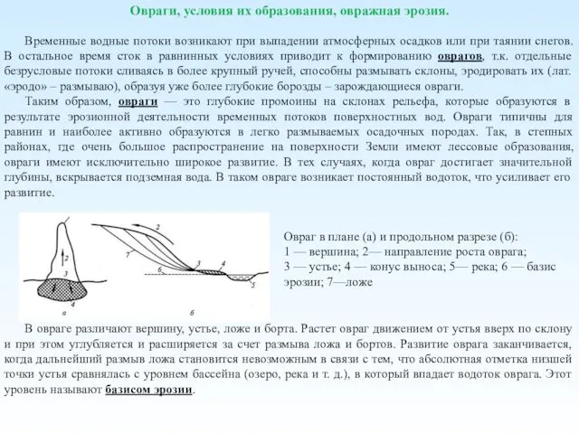 Овраги, условия их образования, овражная эрозия. Временные водные потоки возникают