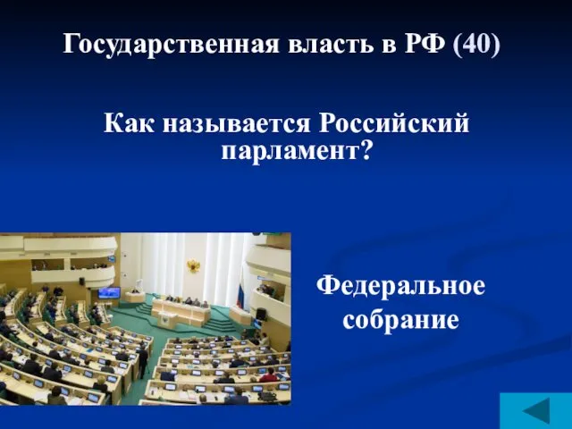 Государственная власть в РФ (40) Как называется Российский парламент? Федеральное собрание