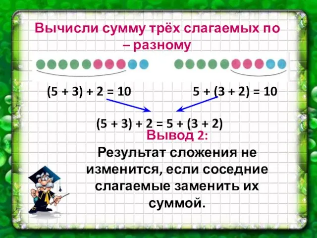 Вычисли сумму трёх слагаемых по – разному (5 + 3) + 2 =