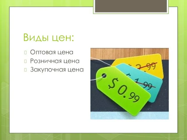 Виды цен: Оптовая цена Розничная цена Закупочная цена