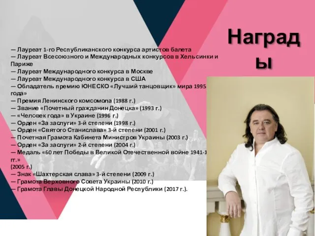 Награды — Лауреат 1-го Республиканского конкурса артистов балета — Лауреат