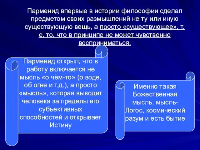 Парменид впервые в истории философии сделал предметом своих размышлений не