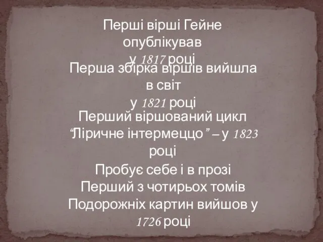 Перші вірші Гейне опублікував у 1817 році Перша збірка віршів вийшла в світ