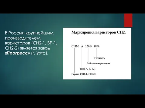 В России крупнейшим производителем варисторов (СН2-1, BP-1, СН2-2) является завод «Прогресс» (г. Ухта).