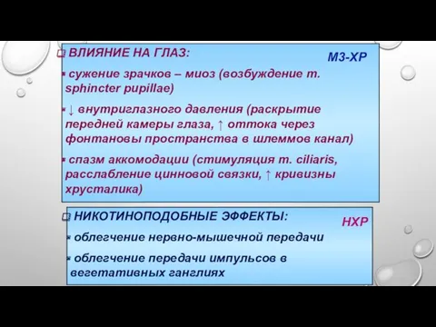 ВЛИЯНИЕ НА ГЛАЗ: сужение зрачков – миоз (возбуждение m. sphincter