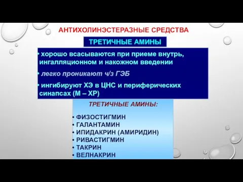 АНТИХОЛИНЭСТЕРАЗНЫЕ СРЕДСТВА ТРЕТИЧНЫЕ АМИНЫ: ФИЗОСТИГМИН ГАЛАНТАМИН ИПИДАКРИН (АМИРИДИН) РИВАСТИГМИН ТАКРИН ВЕЛНАКРИН