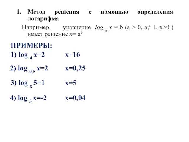Метод решения с помощью определения логарифма Например, уравнение log а х = b