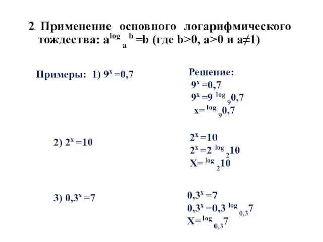 2. Применение основного логарифмического тождества: alog a b =b (где