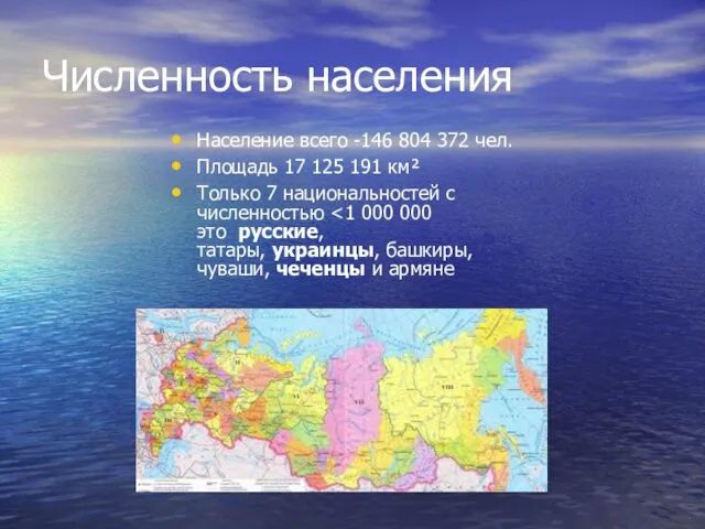 Численность населения Население всего -146 804 372 чел. Площадь 17