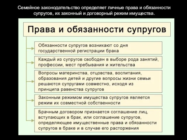 Семейное законодательство определяет личные права и обязанности супругов, их законный и договорный режим имущества.