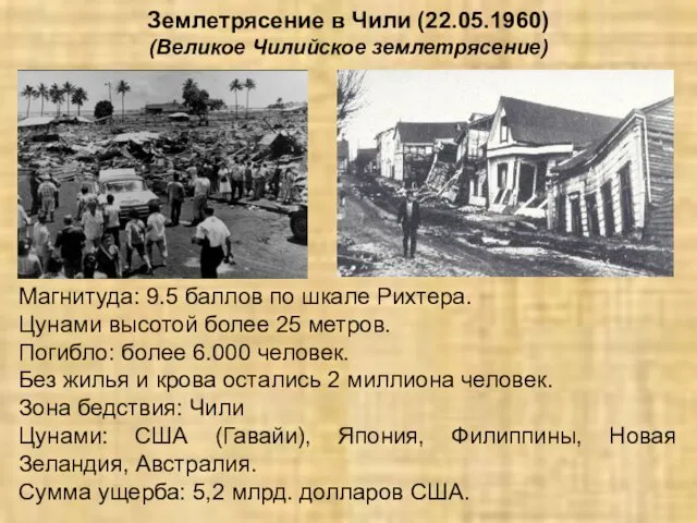 Землетрясение в Чили (22.05.1960) (Великое Чилийское землетрясение) Магнитуда: 9.5 баллов