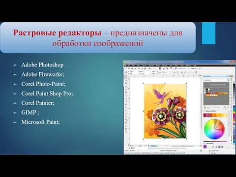Adobe Photoshop Adobe Fireworks; Corel Photo-Paint; Corel Paint Shop Pro; Corel Painter; GIMP