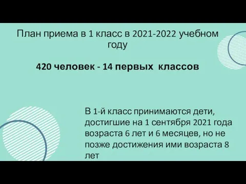 План приема в 1 класс в 2021-2022 учебном году 420 человек - 14