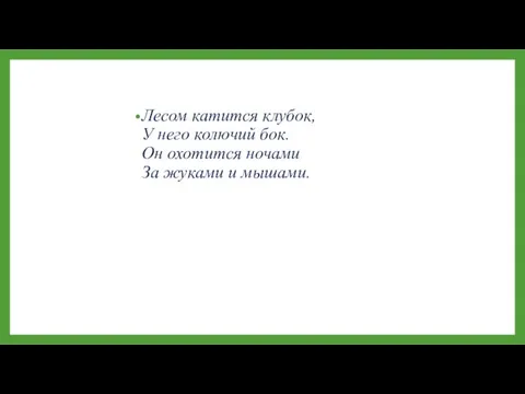 Лесом катится клубок, У него колючий бок. Он охотится ночами За жуками и мышами.