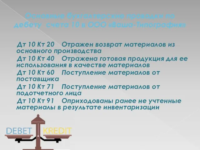 Основные бухгалтерские проводки по дебету счета 10 в ООО «Ваша-Типография»