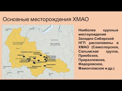 Основные месторождения ХМАО Наиболее крупные месторождения Западно-Сибирской НГП расположены в ХМАО (Самотлорское, Салымская