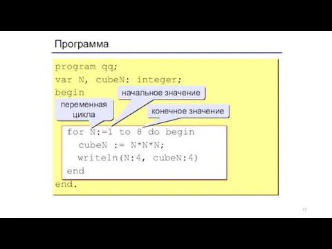 Программа program qq; var N, cubeN: integer; begin for N:=1