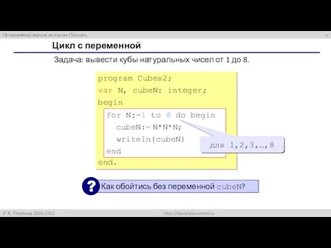 Цикл с переменной Задача: вывести кубы натуральных чисел от 1 до 8. program