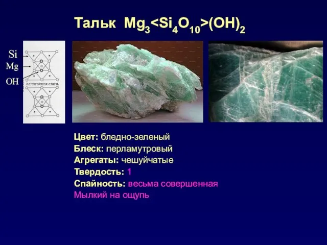 Тальк Mg3 (OH)2 Mg остаточная связь Si OH Цвет: бледно-зеленый