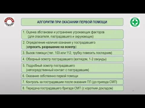 АЛГОРИТМ ПРИ ОКАЗАНИИ ПЕРВОЙ ПОМОЩИ