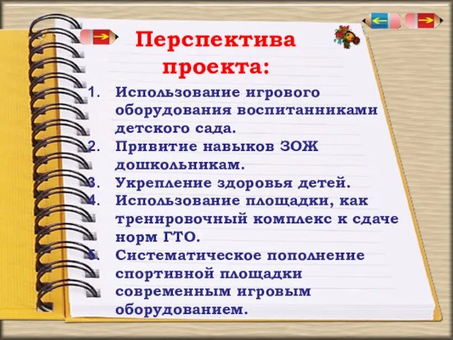 Перспектива проекта: Использование игрового оборудования воспитанниками детского сада. Привитие навыков ЗОЖ дошкольникам. Укрепление